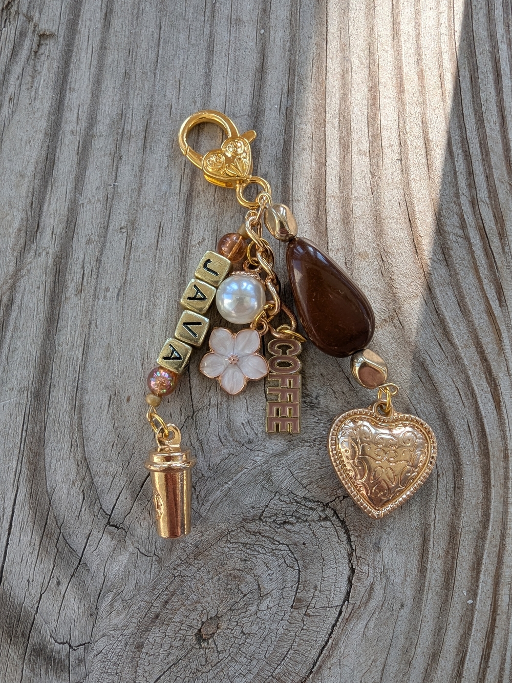 Gold-Tone Coffee Charm Keychain with Brown Bead & Heart Pendant
